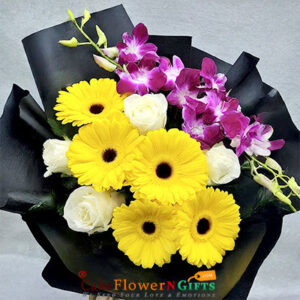4 yellow gerbera 4 pink roses 3 Orchids black paper packing bouquet