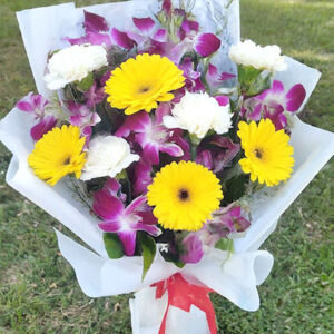 4 yellow gerbera 4 white Carnation 8 Orchids bouquet