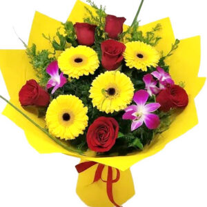 4 yellow gerbera 8 red yellow roses 2 Orchids bouquet