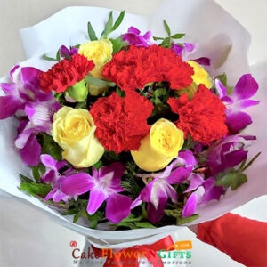 4 yellow red 5 red carnation 5 Orchids bouquet
