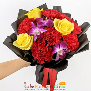 4 yellow roses 7 red carnation 2 Orchids bouquet