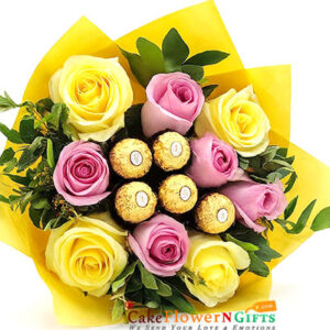 5 Pink n 4 Yellow Roses - Vibrant Bouquet