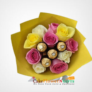 5 pink 3 white 2 yellow roses 4 Ferrero Rocher Bouquet