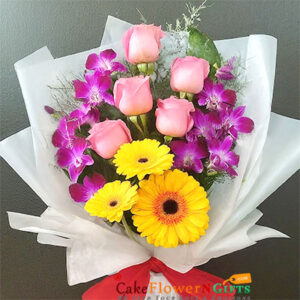 5 pink roses 3 yellow gerbera 3 Orchids bouquet