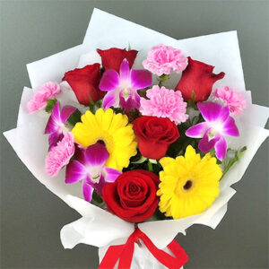 5 red roses 2 yellow gerbera 5 Carnation 4 Orchids bouquet