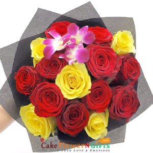 5 yellow 10 red roses Orchids bouquet