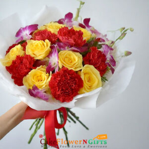 5 yellow red 6 red carnation 6 Orchids bouquet