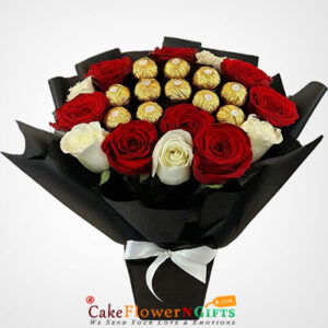 6 white 6 red roses n 11 ferocher rocher chocolate Bouquet