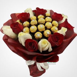 7 red 7 white roses 16 pink roses 16 Ferrero Rocher Bouquet