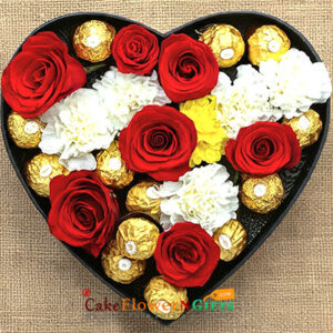 7 red roses 5 white 1 yellow carnatation 13 ferocher rocher heart shape black box