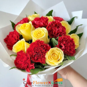 8 yellow roses 7 red carnation bouquet