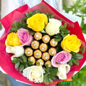 Pink Yellow White Roses 10 Ferrero Rocher Chocolate Bouquet