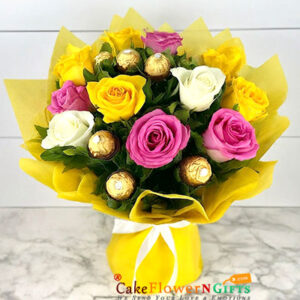 Pink Yellow White Roses 6 Ferrero Rocher Chocolate Bouquet