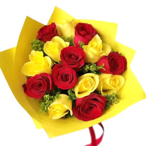 14 red yellow roses paper packing bouquet home delivery in vizag