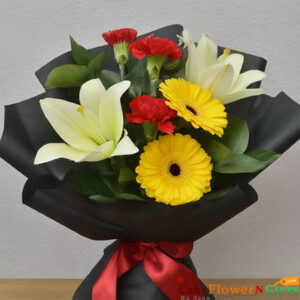 2 yellow gebera 3 red carnation 2 white lilies bouquet