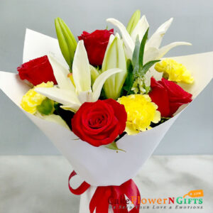 4 red roses 3 yellow carnation 2 lilies white paper packing Bouquet