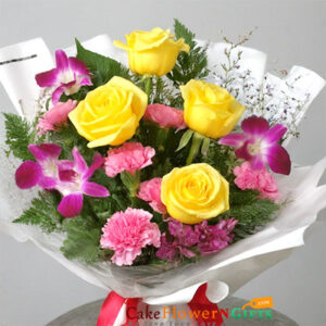 midnight 4 yellow roses 4 orchids white paper packing bouquet