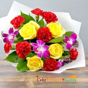 4 yellow roses 6 red carnation 4 Orchids white paper packing bouquet