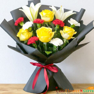 4 yellow roses 7 red white carnation 2 white lilies black paper packing bouquet