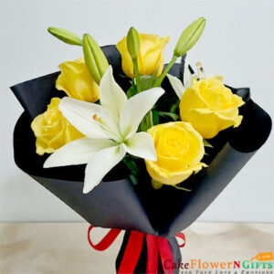 5 yellow roses 2 white lilies bouquet