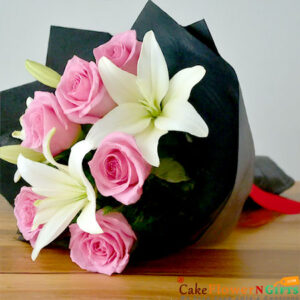 6 pink roses 2 white lilies black paper packing bouquet