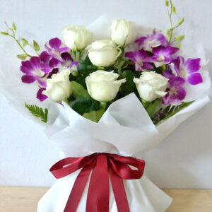 6 white roses 4 Orchids bouquet