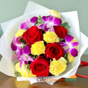 6 yellow carnation 4 red roses 5 Orchids white paper packing bouquet