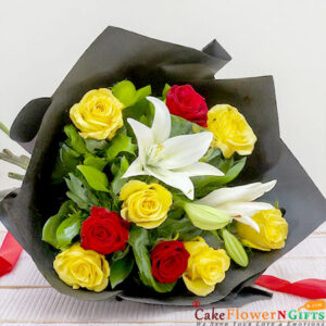 6 yellow roses 3 red roses 2 white lilies black paper packing bouquet