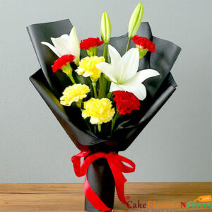 7 red yellow carnation 2 white lilies bouquet