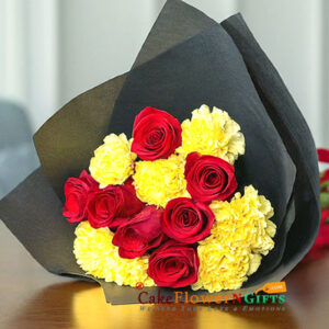 7 yellow carnation 7 red roses black paper packing bouquet