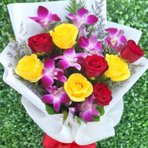 8 red yellow roses 3 Orchids bouquet home delivery in vizag