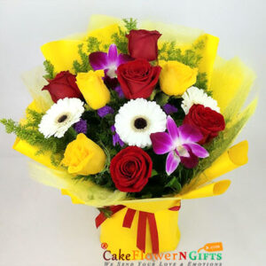 order pnline 8 yellow red roses 3 white roses 2 Orchids Bouquet