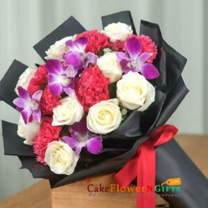 9 white roses 7 red carnation 4 Orchids black paper packing bouquet