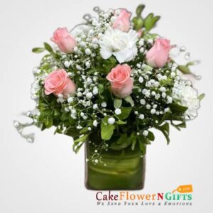 10 white carnation and 5 pink roses glass vase