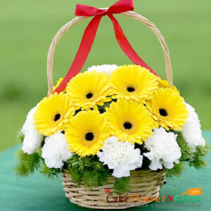 10 yellow gerbera white carnation flower bouquet basket price near me delivery