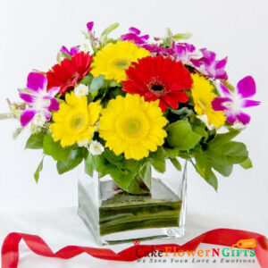 2 purple orchids 9 yellow roses 3 yellow Gerbera flower vases