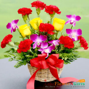 3 purple orchids 8 red carnatation 3 yellow roses flower bouquet basket price near me delivery