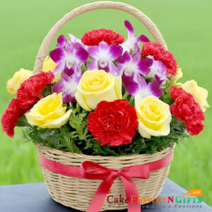 3 purple orchids 8 red carnatation 8 yellow roses flower bouquet basket price near me delivery