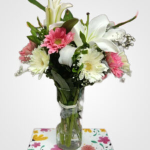 6 gerbera and 2 white lillies flower Glass Vase bouquet price near me delivery