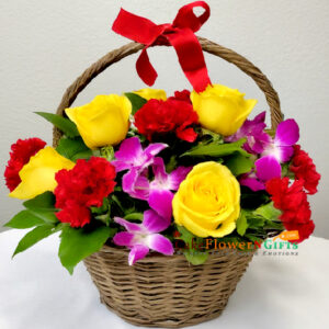 5 red carnation 7 yellow roses 2 orchids basket price