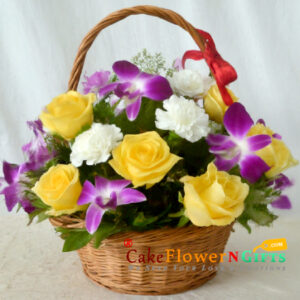 6 yellow roses 4 carnations 5 purple orchid flower basket