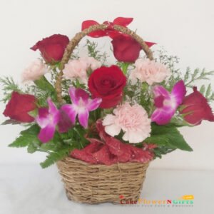 midnight birthday red roses pink carnations purple orchid basket price