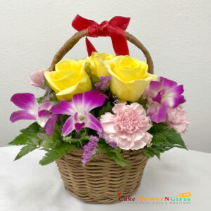 midnight birthday yellow roses pink carnations purple orchid basket price