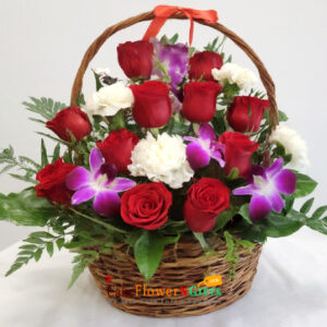 red rose white carnation purple flowers bouquet basket