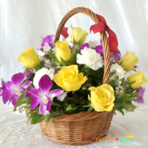 midnight-sameday-yellow-roses-white-carnations-purple-orchid-basket