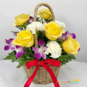 white carnations yellow roses purple orchid basket