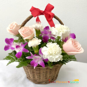 pink roses white carnations purple orchid flower basket