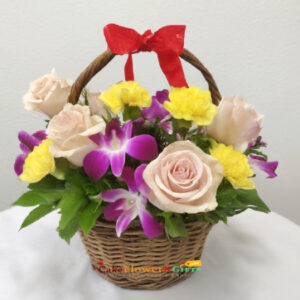 pink roses yellow carnations purple orchid basket