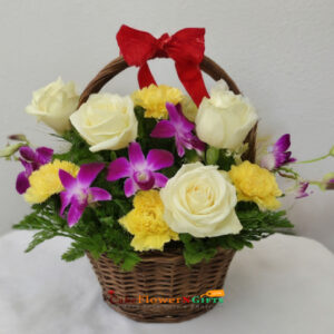 white roses yellow carnations purple orchid basket price