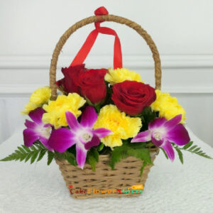 yellow roses pink carnations purple orchid basket